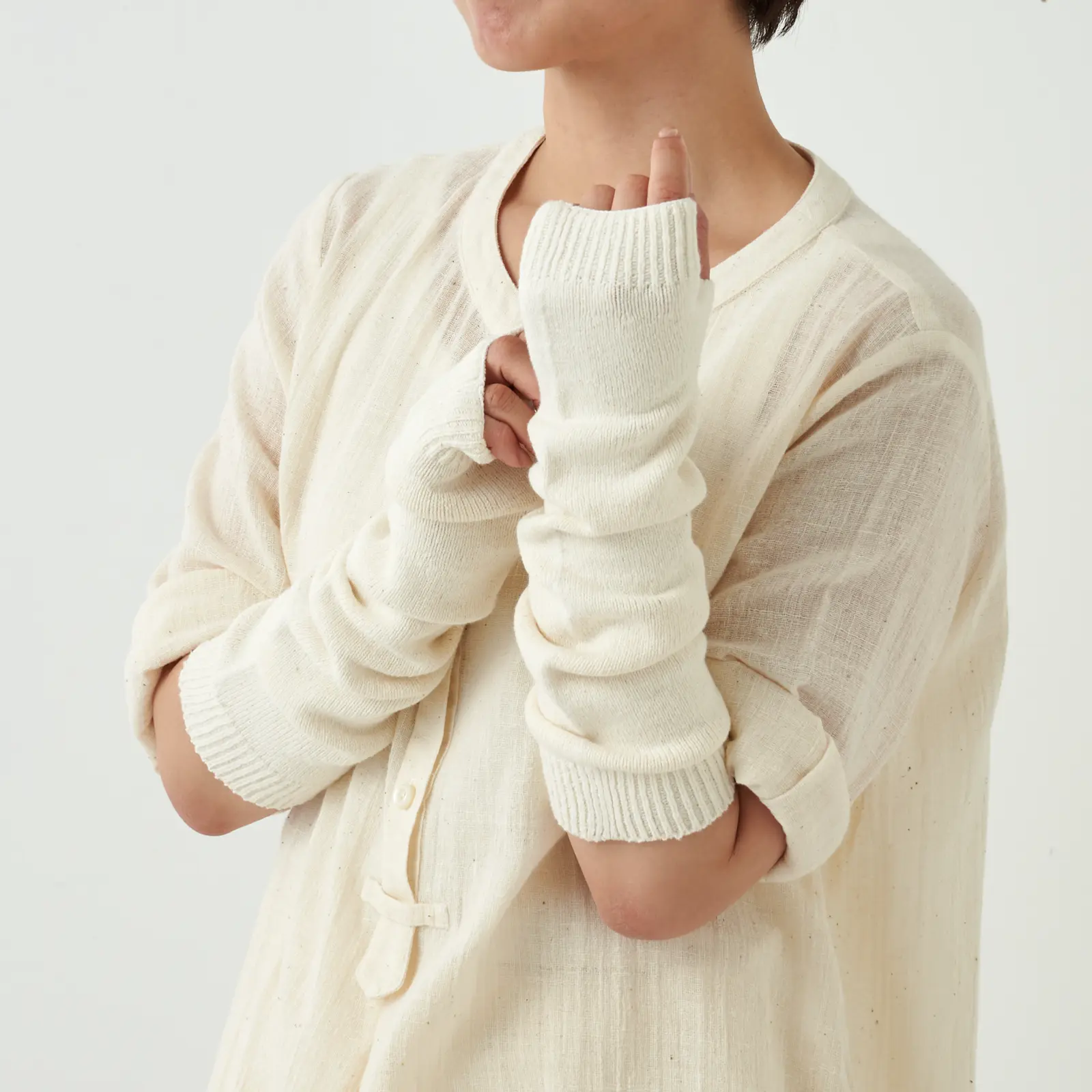 ガラ紡 綿100% アームウォーマー レッグウォーマー 生成り 益久染織研究所