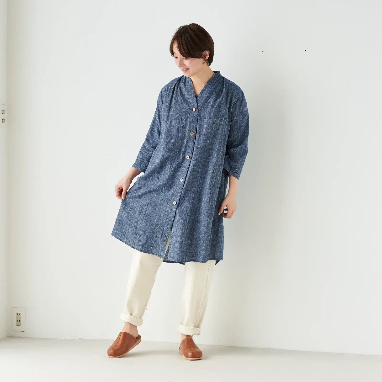 ガラ紡 藍染め 綿100% シャツワンピース 益久染織研究所