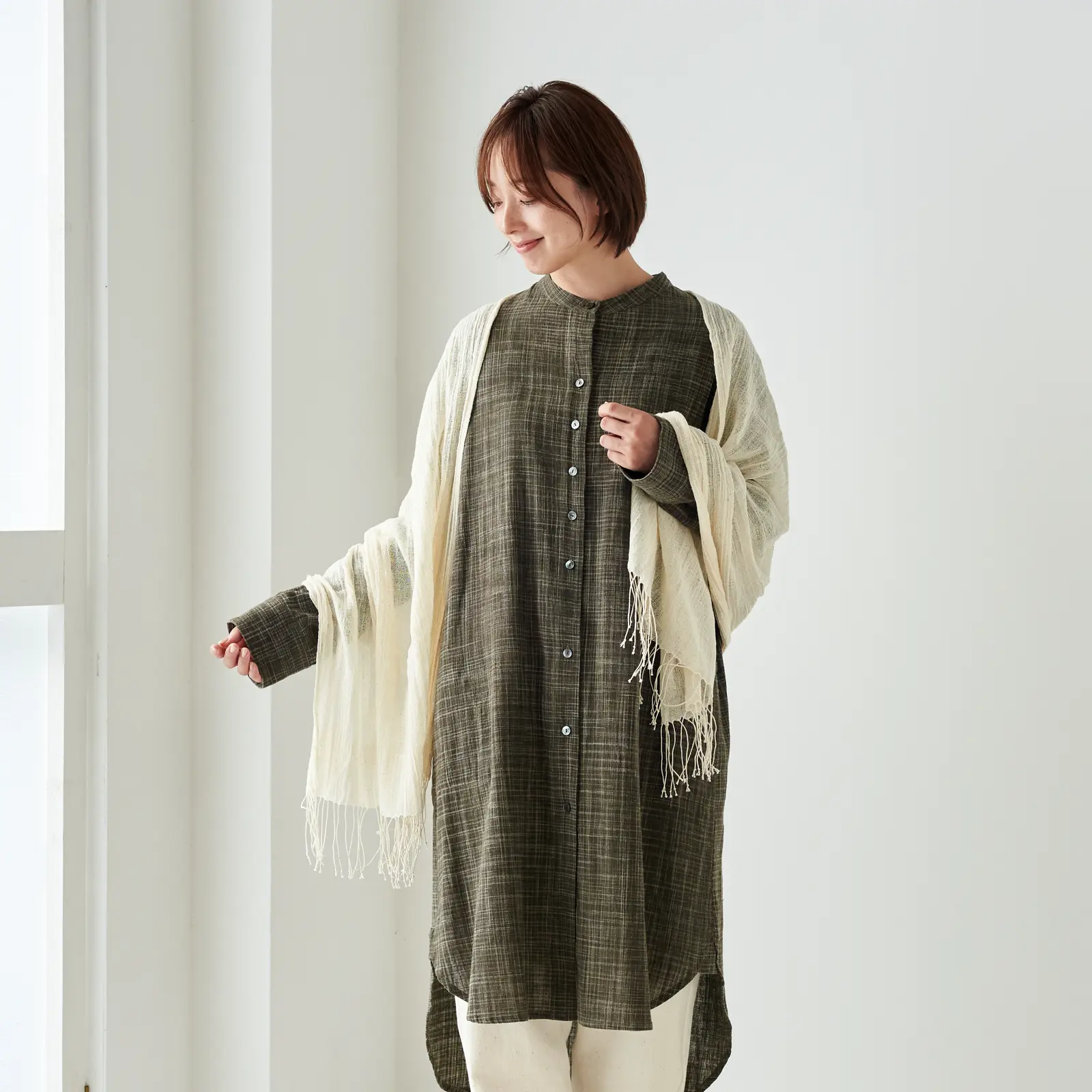 ガラ紡 生成りストール 綿100% 益久染織研究所